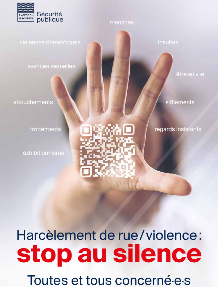 Main qui cache un visage avec le texte "Harcèlement de rue/violence stop au silence toutes et tous concernés"